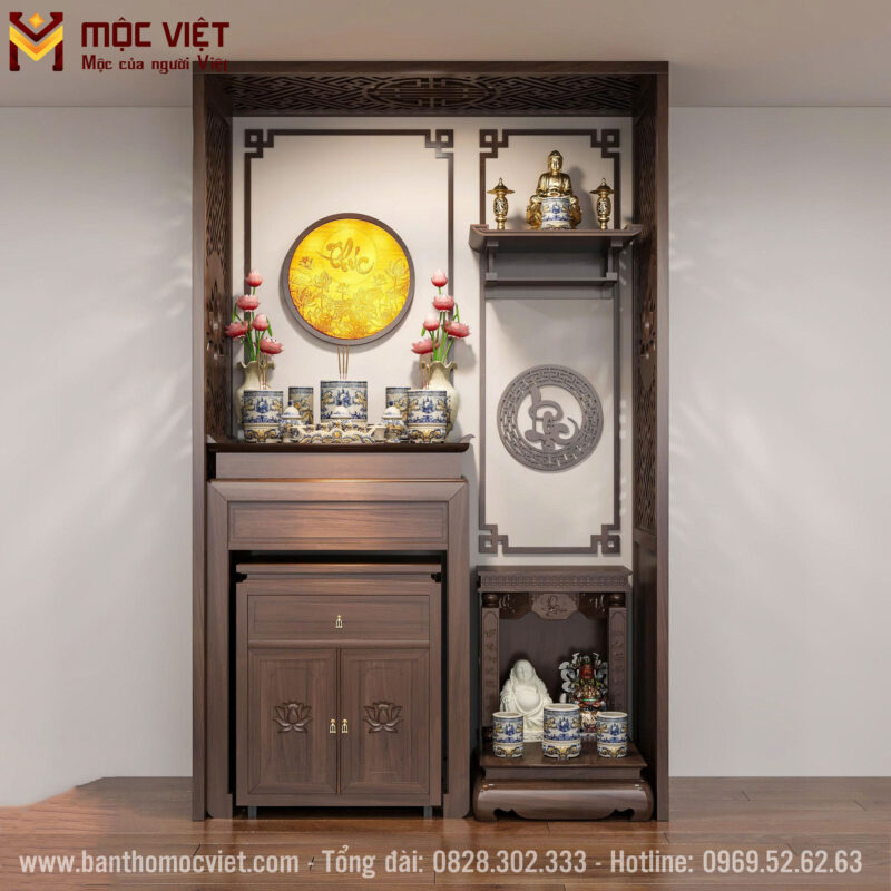 bàn thờ đơn giản hiện đại, tủ dưới chạm khắc hoa sen