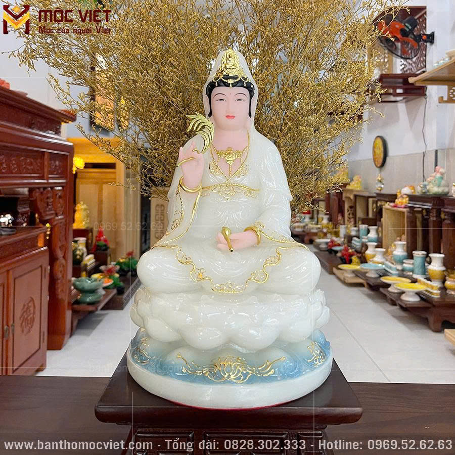Tượng phật Quan Âm màu trắng chất liệu đá nhân tạo