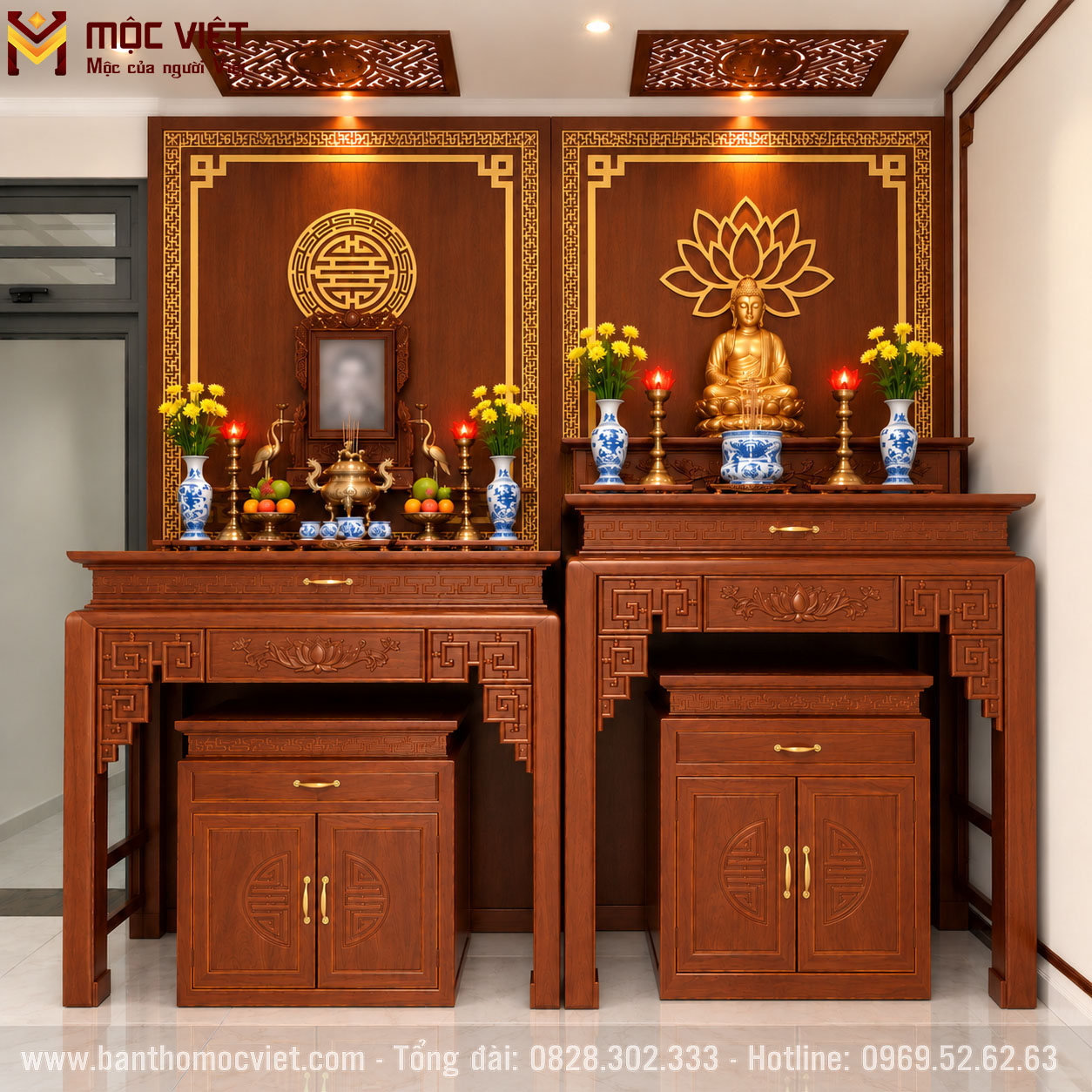 Thiết kế phòng thờ phật, bàn thờ cửu huyền phù trong cùng một không gian